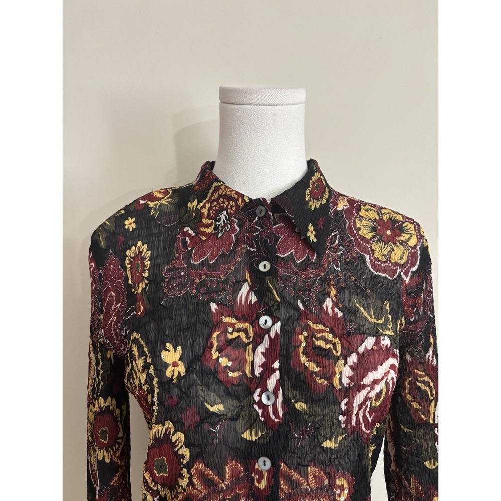 Y2K Vibe Alberto Makali Button Up Top‎ Medium Black Red Dark Boho Grunge Sheer - Picture 2 of 8